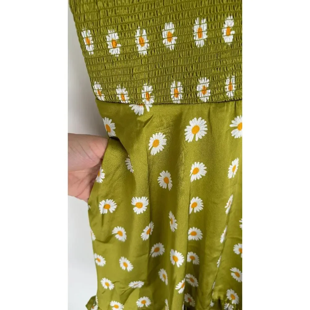 Smak Parlour Womens Green Floral Smocked Short Sleeve Flare Dress Size Medium